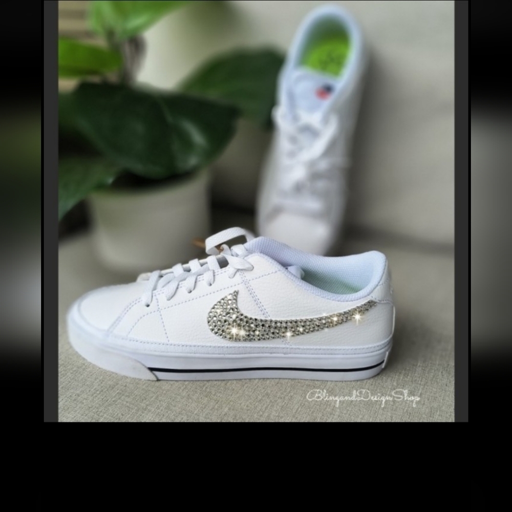 Bling Nike Women's Court Legacy White Sneakers Shoes Customized with Crystals - Picture 6 of 6